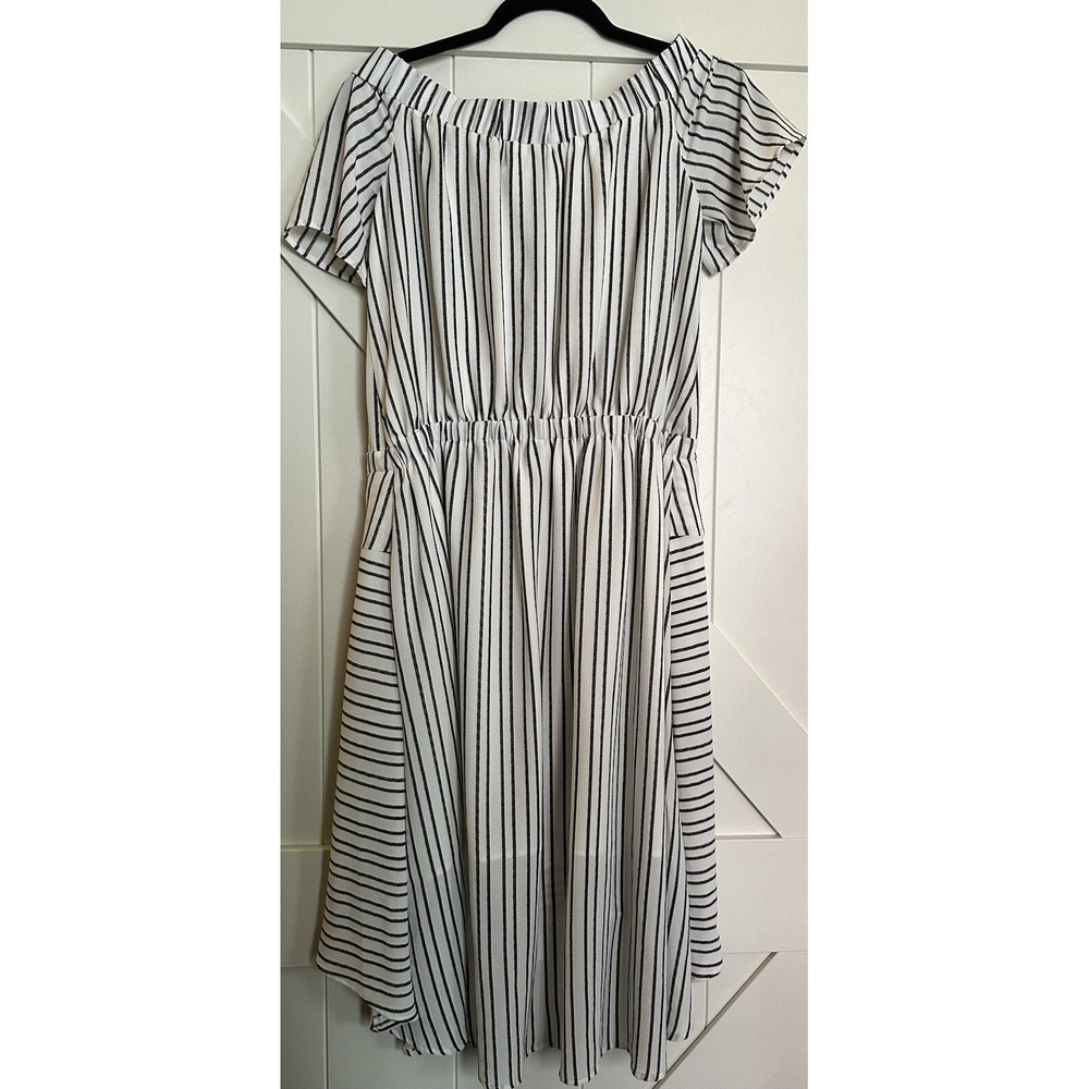 Halston Vintage 1976 Black Striped Hi-Low Off Shoulder Dress Pockets Size SP - Picture 3 of 7